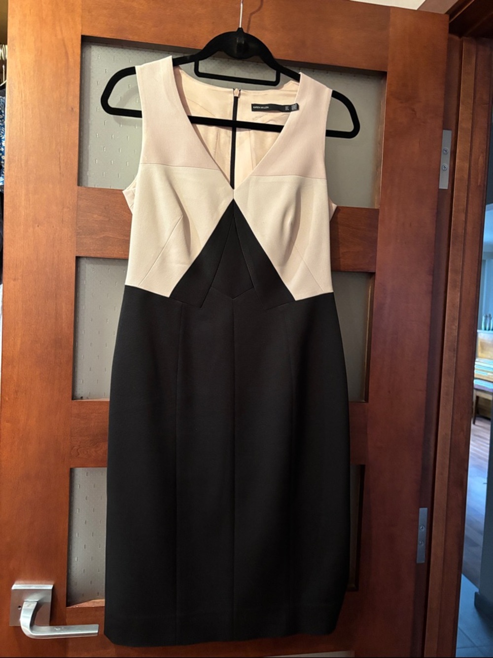 Karen Millen Black and Cream Colorblock Midi Sheath Dress